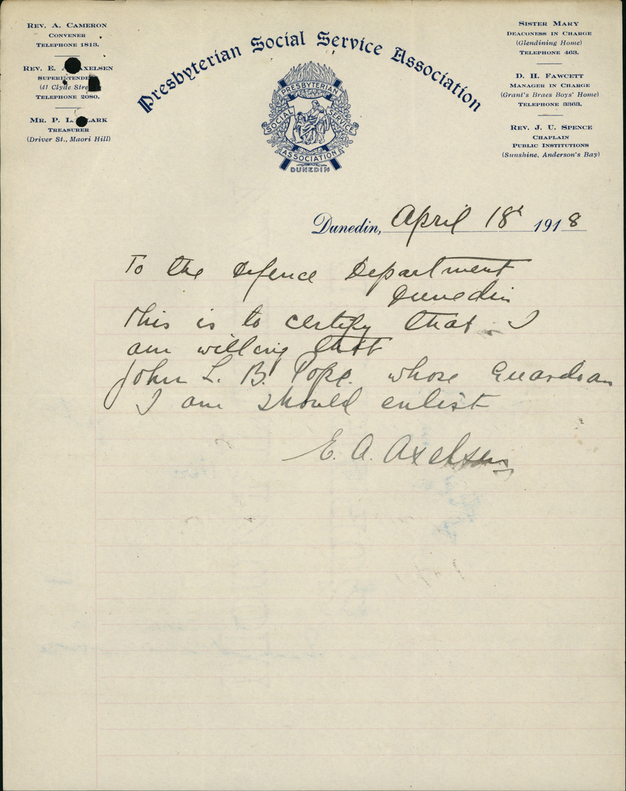 1918 guardian letter concerning John Lawrence Benson Pope