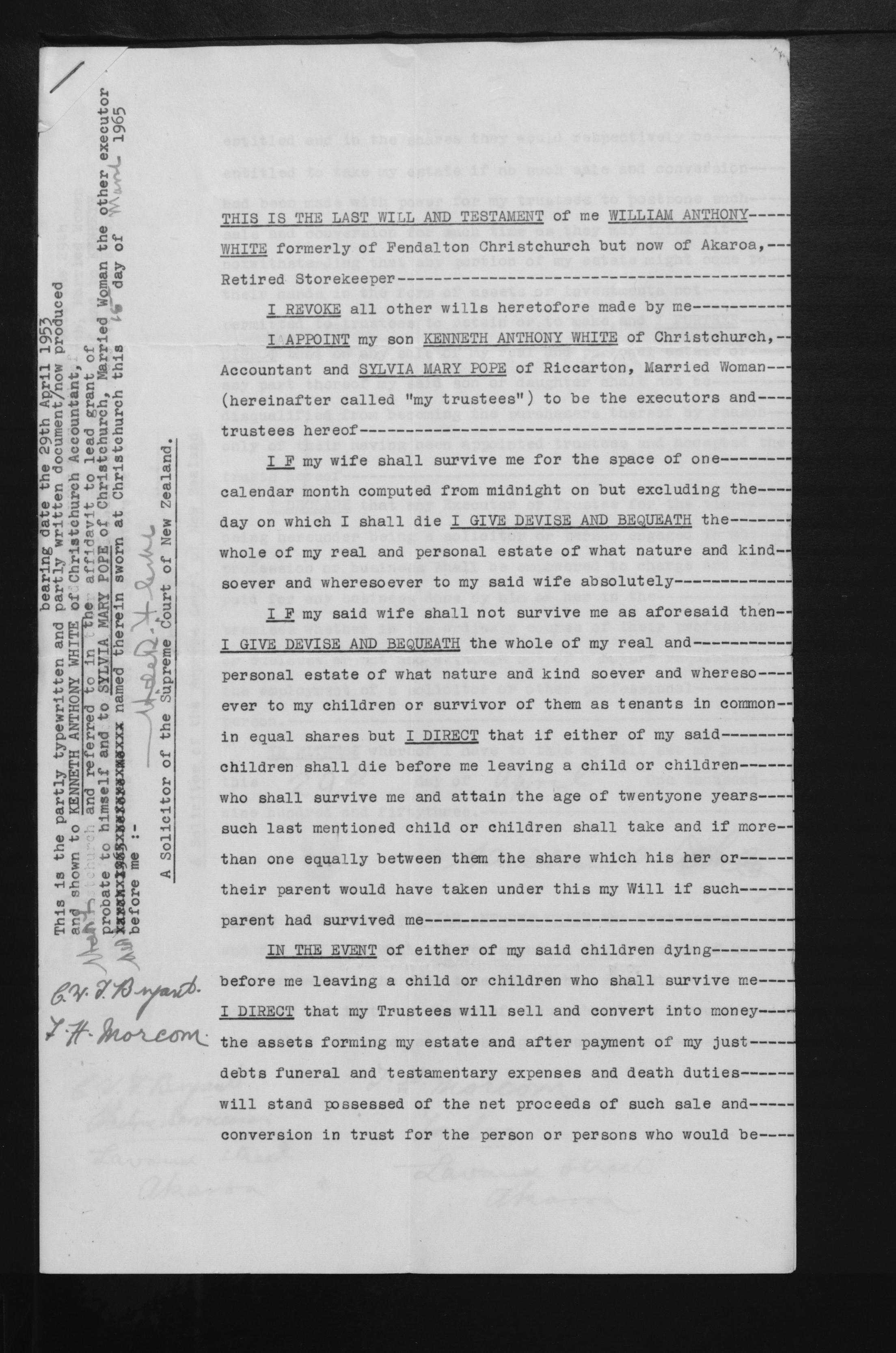 Page of William Anthony White’s will naming Sylvia Mary Pope