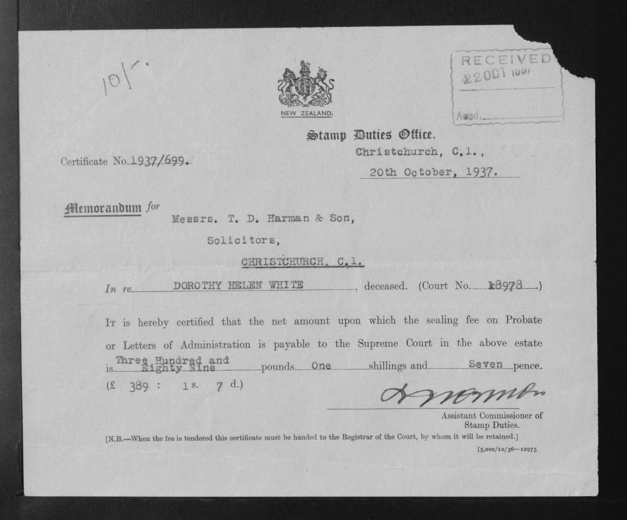 Dorothy Helen White’s estate papers, image 13 of 14