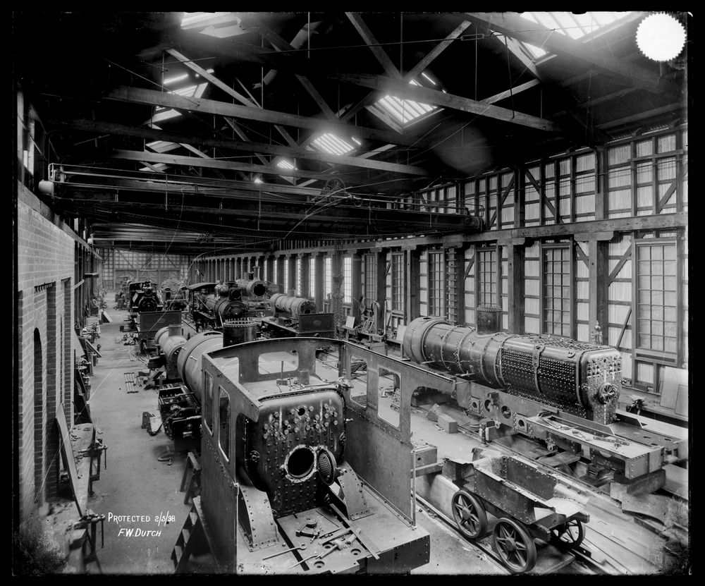 Interior of Addington Railway Workshops in 1898