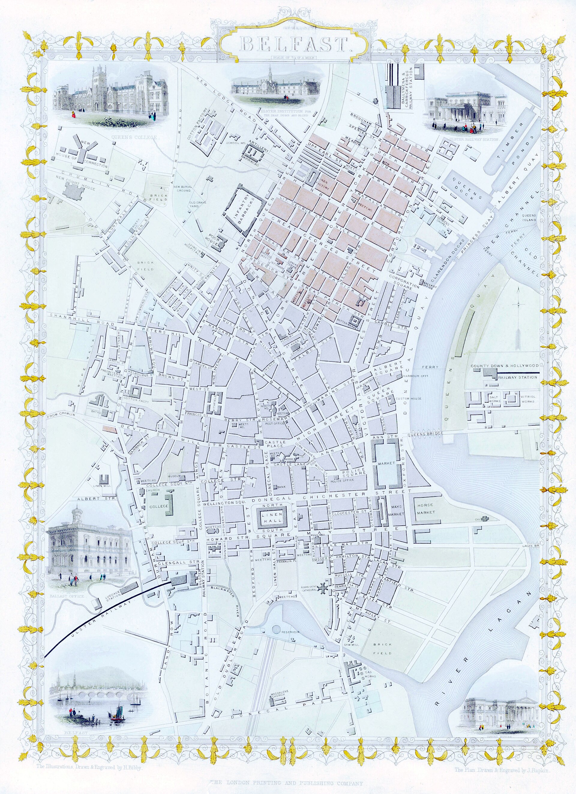 Illustrated street map of Belfast published in 1850